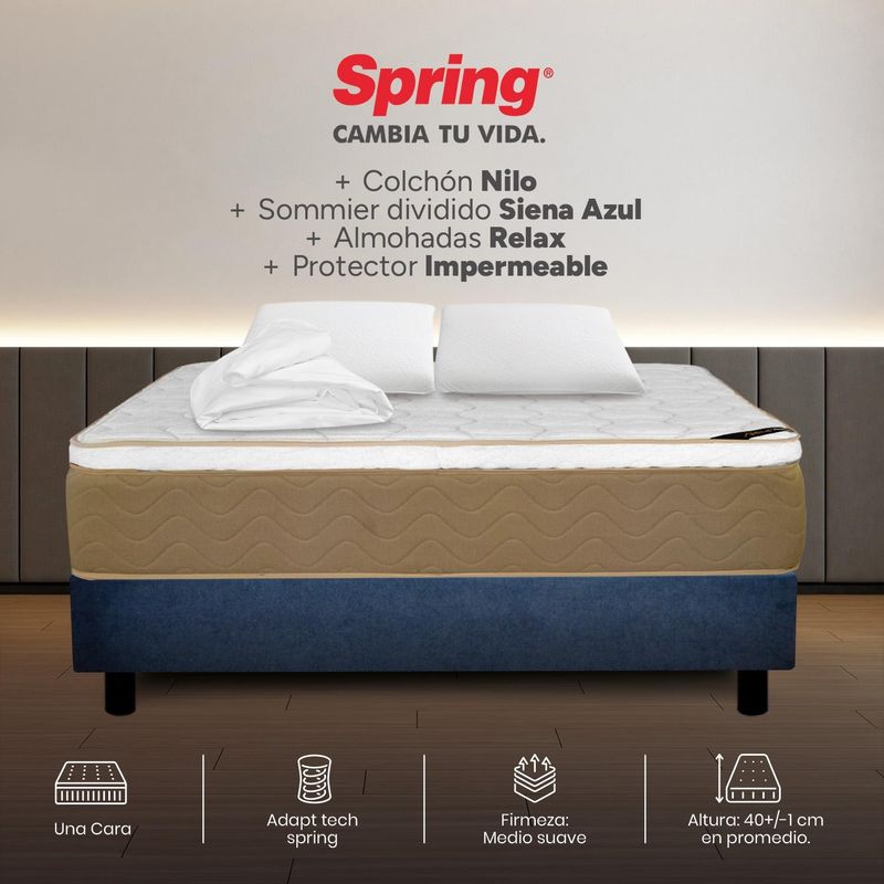 COLCHONES SPRING - Colchon con base cama King Firmeza Medio Resortes Pocket NILO 200 cm x Colchón+ Protector + Almohada Colchones Spring