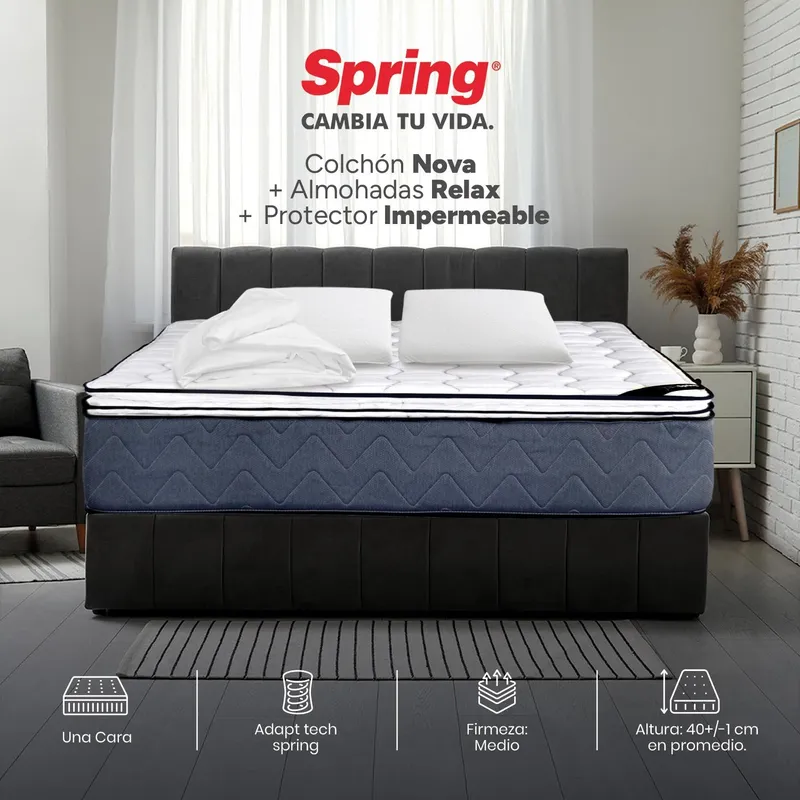 COLCHONES SPRING - Colchón Spring Queen Firmeza Media Ortopédico Resortado Nova 160 x 190 cm + 2 Almohadas + Protector
