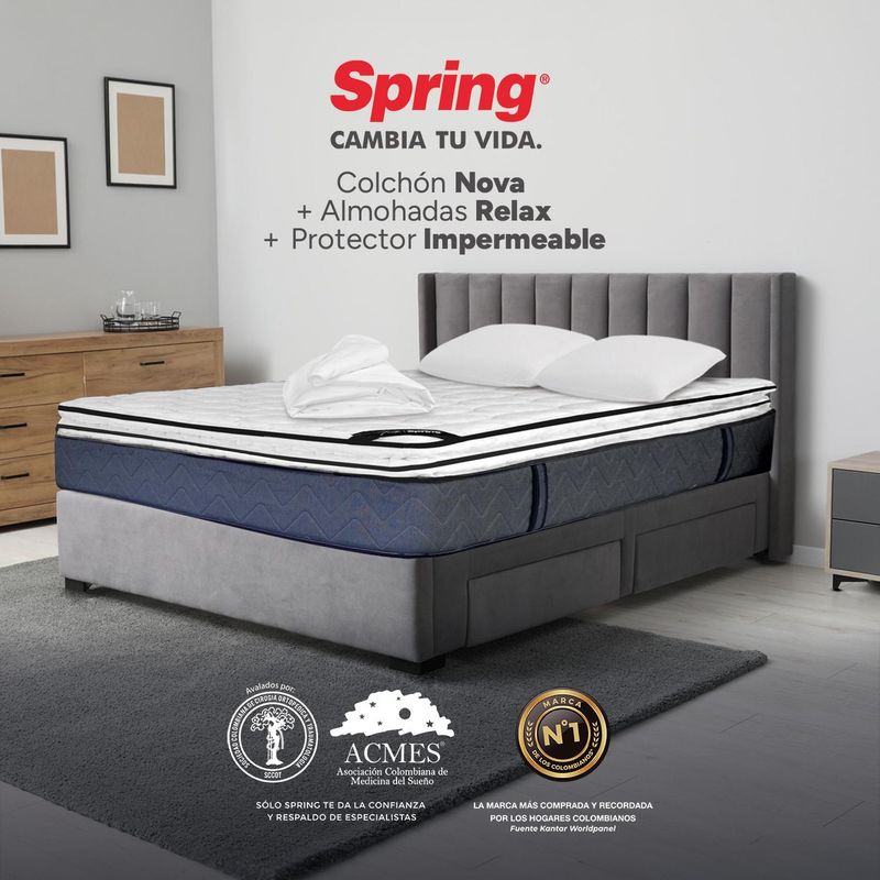COLCHONES SPRING - Colchón Spring King Firmeza Media Ortopédico Resortado Nova 200 x 200 cm + 2 Almohadas + Protector