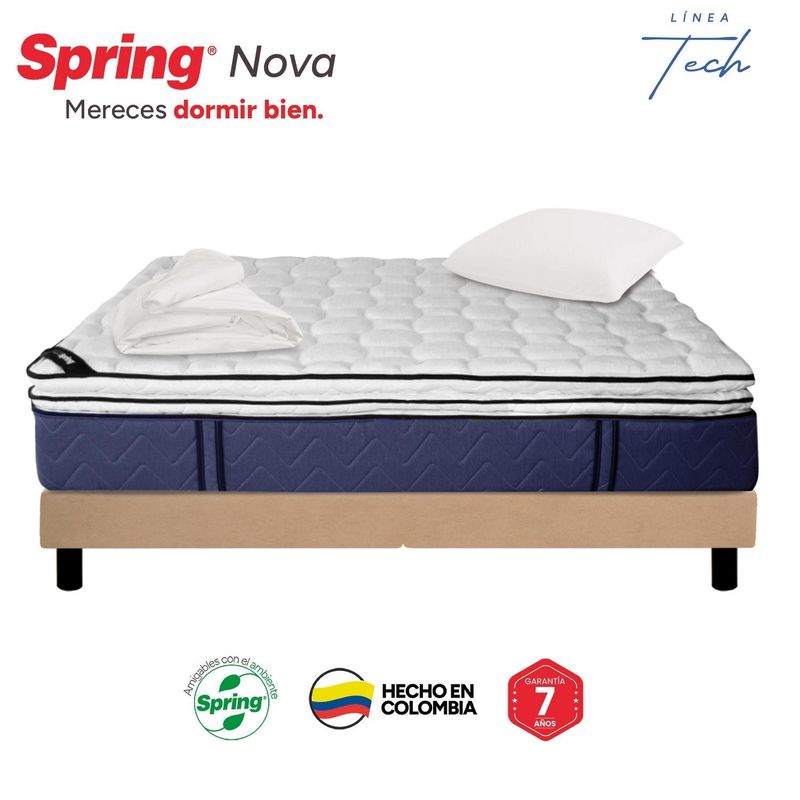 COLCHONES SPRING - Colchón Spring Sencillo Con Base Cama Firmeza Media Ortopédico Resortado Nova 100 x 190 cm + Almohada + Protector