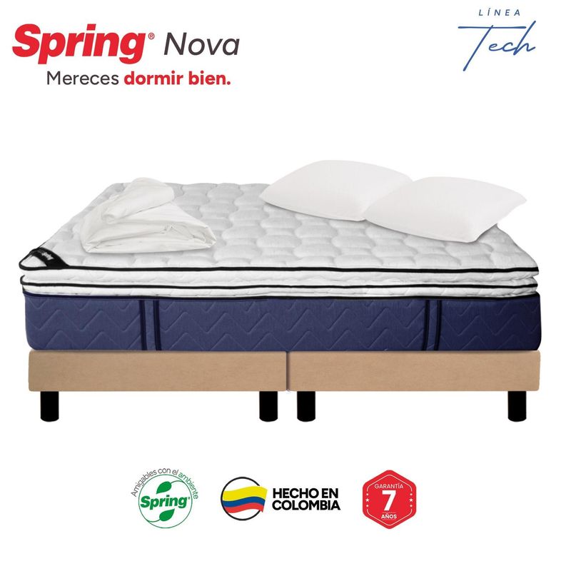 COLCHONES SPRING - Colchón Spring Doble Con Base Cama Firmeza Media Ortopédico Resortado Nova 140 x 190 cm + 2 Almohadas + Protector