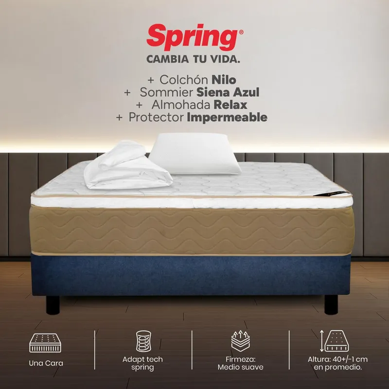 COLCHONES SPRING - Colchón Spring Semidoble Con Base Cama Firmeza Media Ortopédico Resortado Nilo 120 x 190 cm + Almohada + Protector