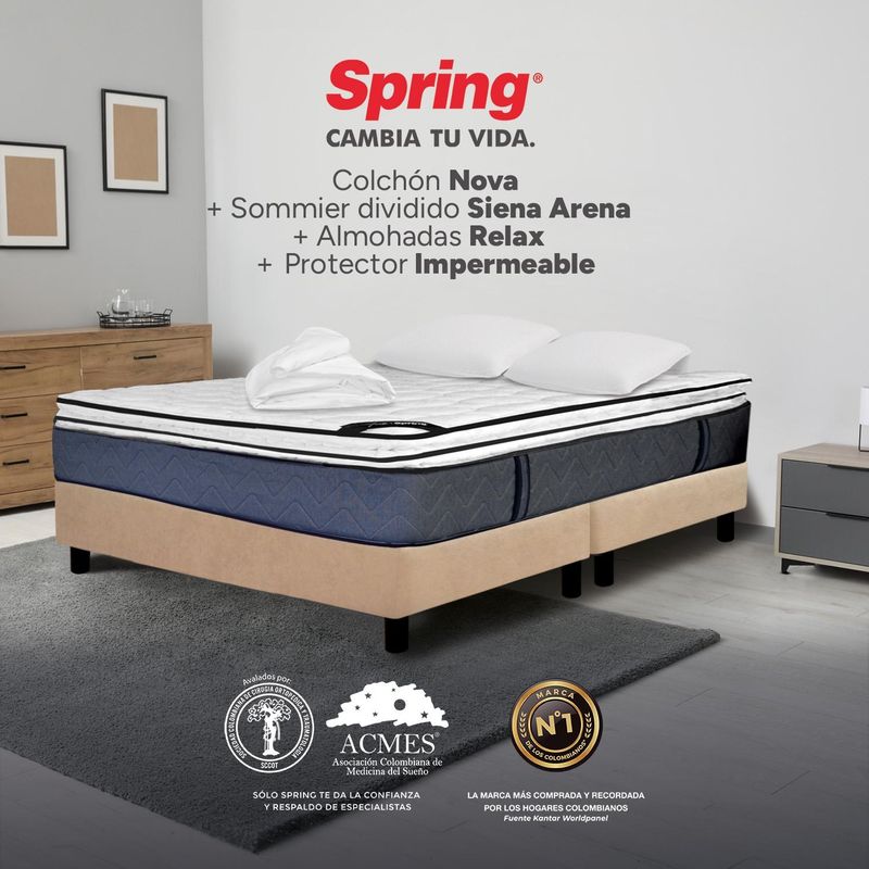 COLCHONES SPRING - Colchon con base cama King Firmeza Intermedio Resortes Pocket NOVA 200 cm x Colchón+ Protector + Almohada Colchones Spring