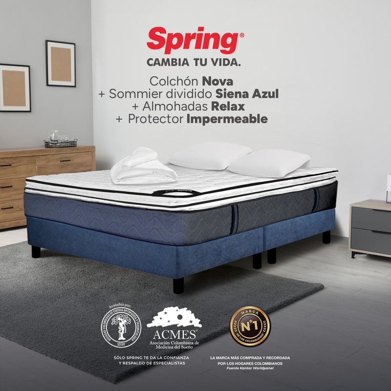 COLCHONES SPRING - Colchon con base cama King Firmeza Intermedio Resortes Pocket NOVA 200 cm x Colchón+ Protector + Almohada Colchones Spring