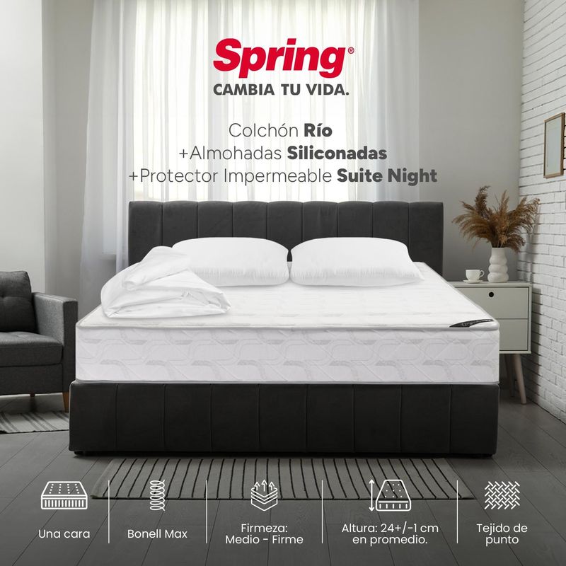 COLCHONES SPRING - Colchon Doble Firmeza Intermedio Resortes RIO 140 cm x 190 cm Almohada + Protector Colchon Spring