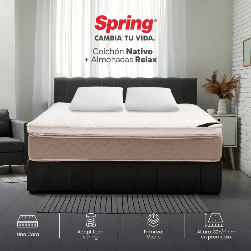 COLCHONES SPRING - Colchón Spring Doble Firmeza Suave Ortopédico Resortado Nativo 140 x 190 cm + 2 Almohadas