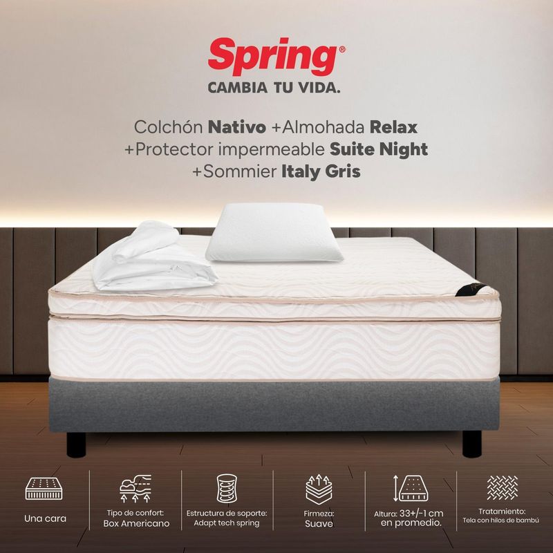 COLCHONES SPRING - Colchon con base cama Semidoble Firmeza Suave Resortes Pocket NATIVO 120 cm x Colchón+ Protector + Almohada Colchones Spring