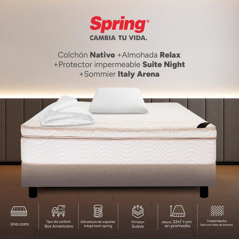COLCHONES SPRING - Colchon con base cama Semidoble Firmeza Suave Resortes Pocket NATIVO 120 cm x Colchón+ Protector + Almohada Colchones Spring