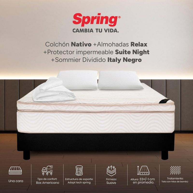 COLCHONES SPRING - Colchon con base cama Queen Firmeza Suave Resortes Pocket NATIVO 160 cm x Colchón+ Protector + Almohada Colchones Spring