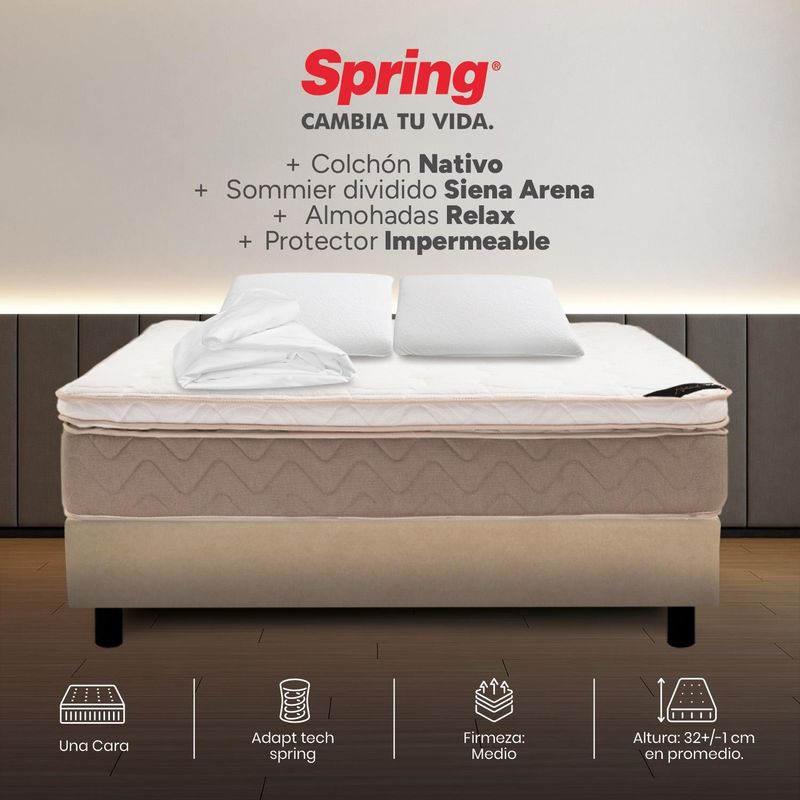 COLCHONES SPRING - Colchon con base cama King Firmeza Suave Resortes Pocket NATIVO 200 cm x Colchón+ Protector + Almohada Colchones Spring
