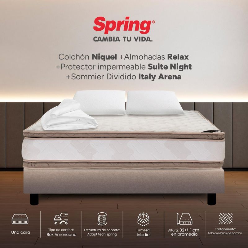 COLCHONES SPRING - Colchon con base cama Queen Firmeza Intermedio Resortes Pocket NIQUEL 160 cm x Colchón+ Protector + Almohada Colchones Spring