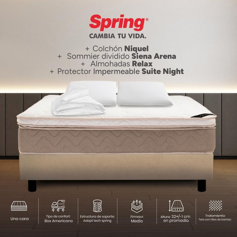 COLCHONES SPRING - Colchon con base cama King Firmeza Intermedio Resortes Pocket NIQUEL 200 cm x Colchón+ Protector + Almohada Colchones Spring