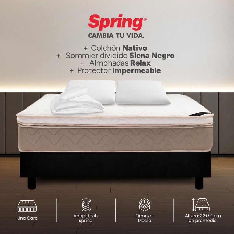 COLCHONES SPRING - Colchon con base cama King Firmeza Suave Resortes Pocket NATIVO 200 cm x Colchón+ Protector + Almohada Colchones Spring
