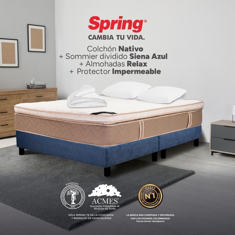 COLCHONES SPRING - Colchon con base cama King Firmeza Suave Resortes Pocket NATIVO 200 cm x Colchón+ Protector + Almohada Colchones Spring