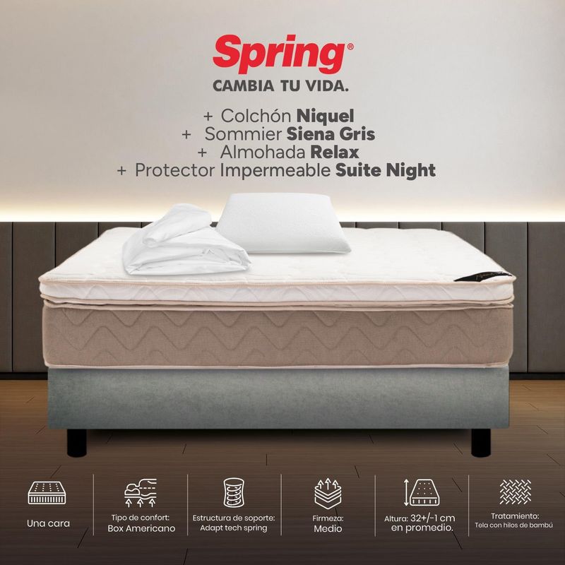 COLCHONES SPRING - Colchón Spring Sencillo Con Base Cama Firmeza Media Ortopédico Resortado Niquel 100 x 190 cm + Almohada + Protector