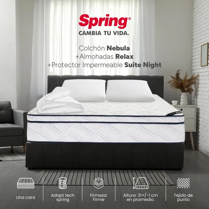 COLCHONES SPRING - Colchón Spring Queen Firme Ortopédico Resortado Nebula 160 x 190 cm + 2 Almohadas + Protector