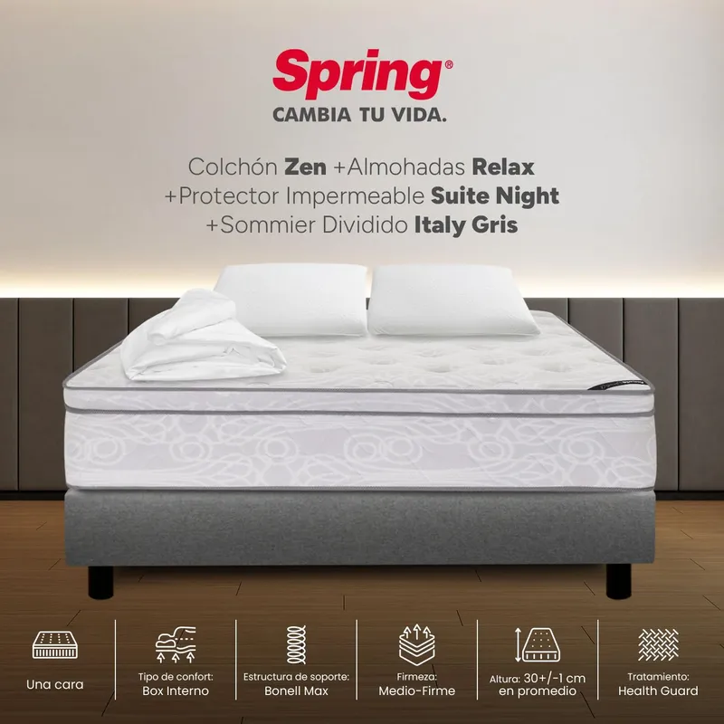 COLCHONES SPRING - Colchón Spring Doble Con Base Cama Firmeza Media Ortopédico Resortado Zen 140 x 190 cm + 2 Almohadas + Protector