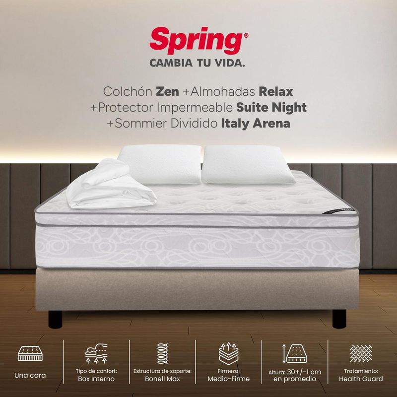 COLCHONES SPRING - Colchon con base cama Doble Firmeza Intermedio Resortes ZEN 140 cm x Colchón+ Protector + Almohada Colchones Spring