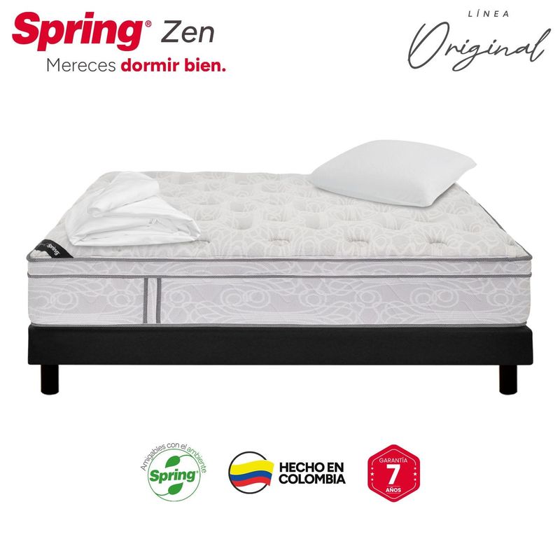 COLCHONES SPRING - Colchon con base cama Sencillo Firmeza Intermedio Resortes ZEN 100 cm x Colchón+ Protector + Almohada Colchones Spring