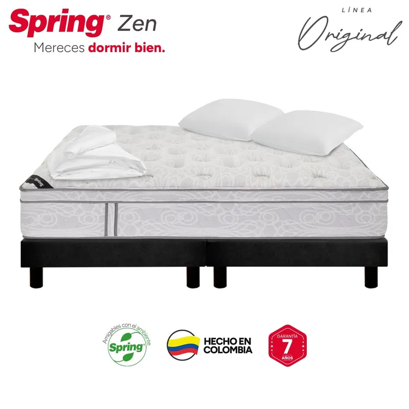 COLCHONES SPRING - Colchón Spring Doble Con Base Cama Firmeza Media Ortopédico Resortado Zen 140 x 190 cm + 2 Almohadas + Protector