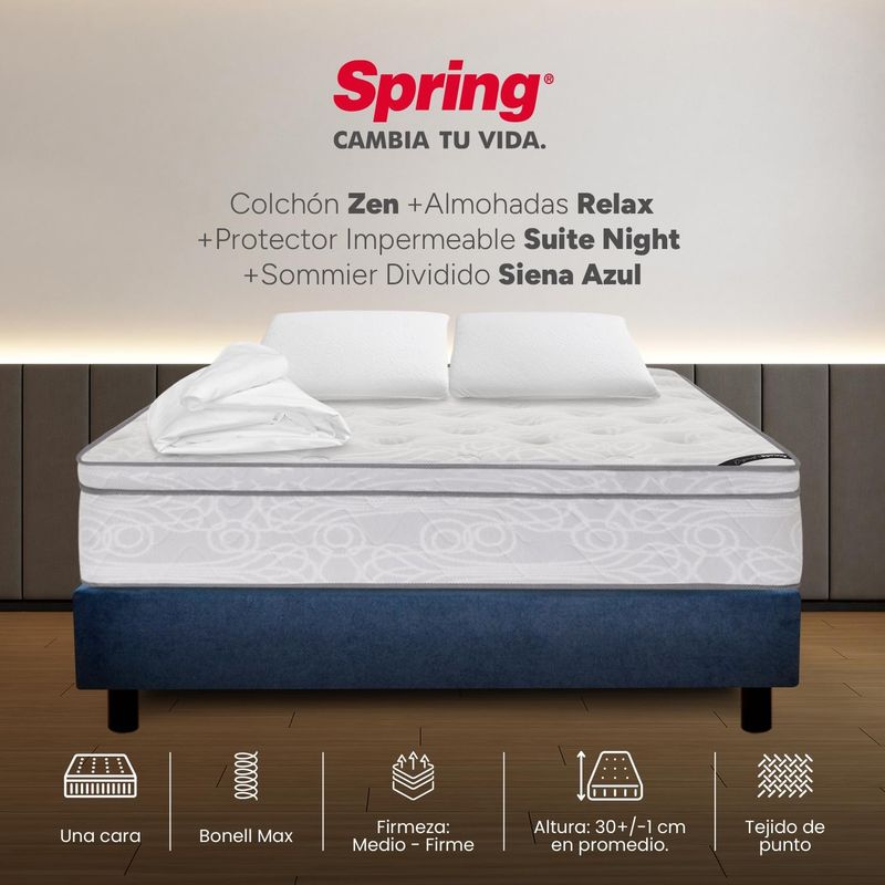 COLCHONES SPRING - Colchon con base cama Doble Firmeza Intermedio Resortes ZEN 140 cm x Colchón+ Protector + Almohada Colchones Spring