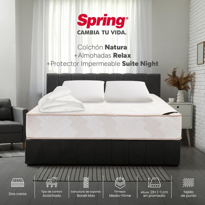 COLCHONES SPRING - Colchón Spring King Firmeza Media Ortopédico Resortado Natura 200 x 200 cm + 2 Almohadas + Protector