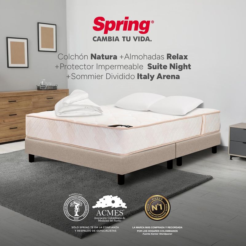 COLCHONES SPRING - Colchón Spring King Con Base Cama Firmeza Media Ortopédico Resortado Natura 200 x 200 cm + 2 Almohadas + Protector