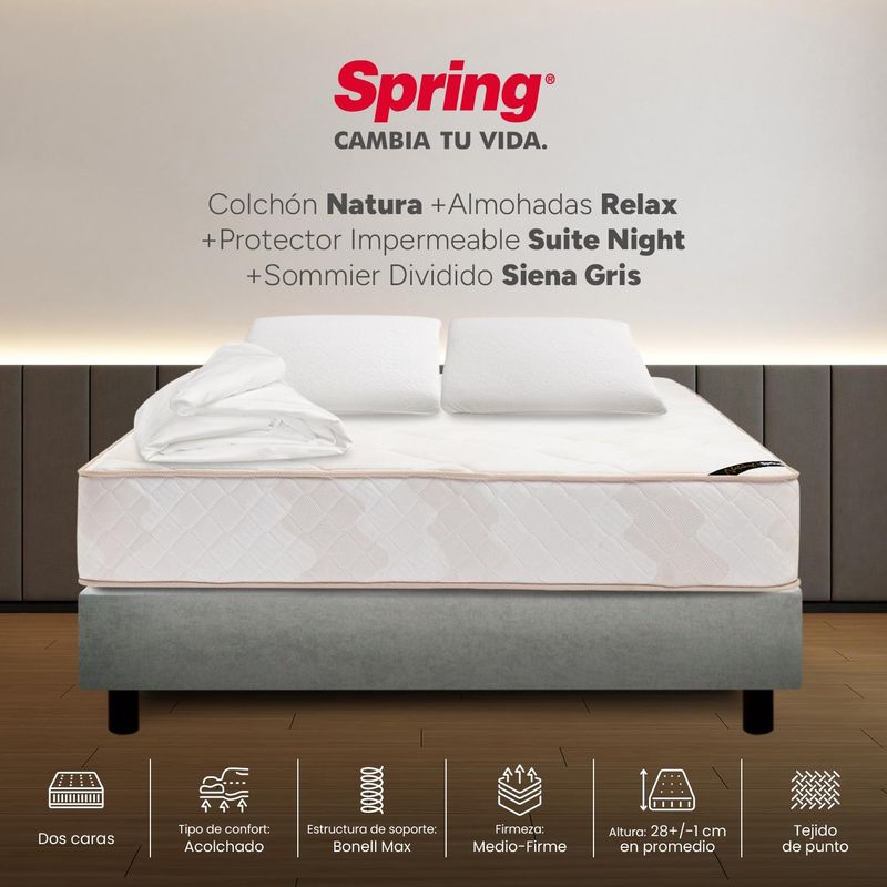 COLCHONES SPRING - Colchon con base cama Queen Firmeza Intermedio Resortes ZANURA 160 cm x Colchón+ Protector + Almohada Colchones Spring