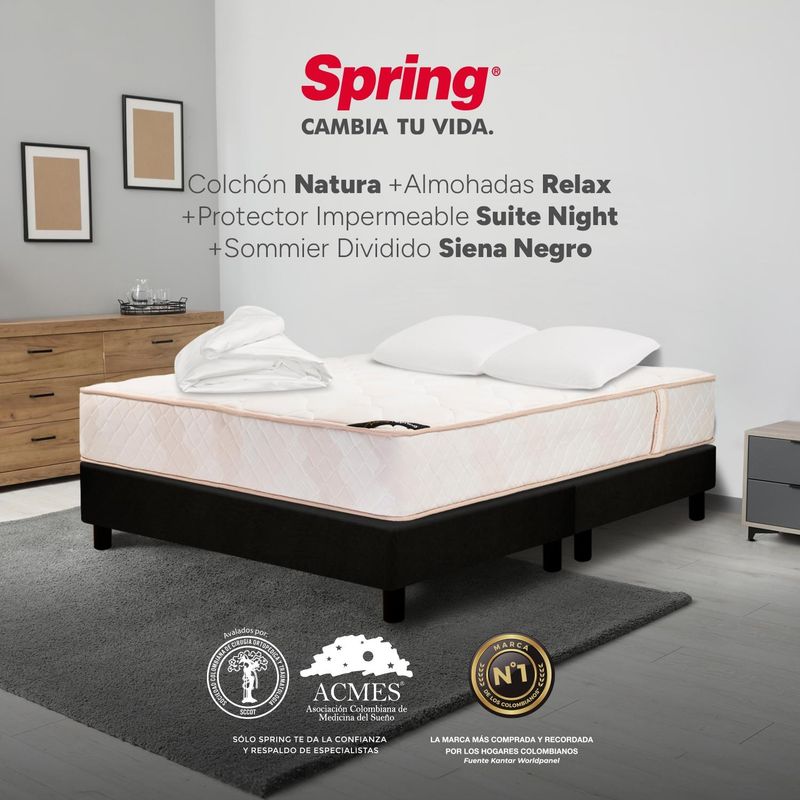 COLCHONES SPRING - Colchon con base cama Queen Firmeza Intermedio Resortes NATURA 160 cm x Colchón+ Protector + Almohada Colchones Spring