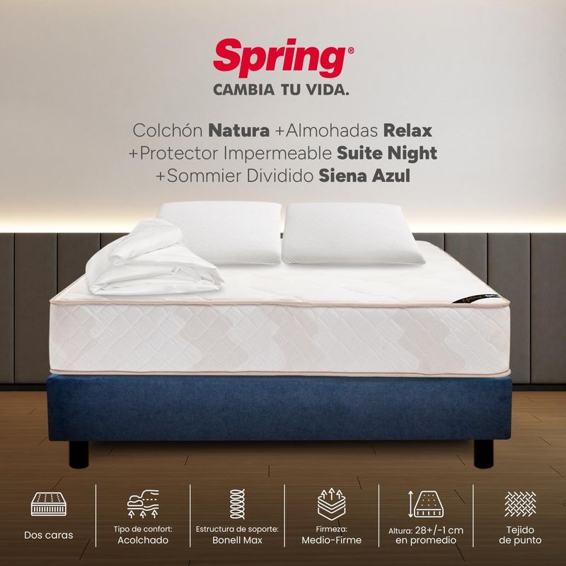 COLCHONES SPRING - Colchon con base cama Queen Firmeza Intermedio Resortes NATURA 160 cm x Colchón+ Protector + Almohada Colchones Spring