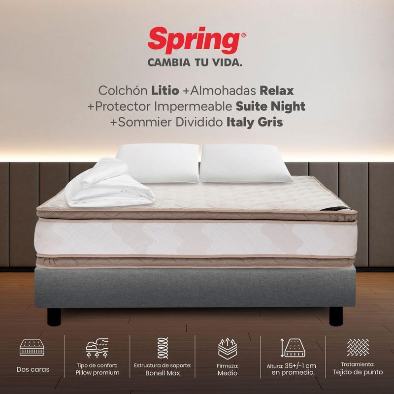 COLCHONES SPRING - Colchon con base cama King Firmeza Intermedio Resortes LITIO 200 cm x Colchón+ Protector + Almohada Colchones Spring