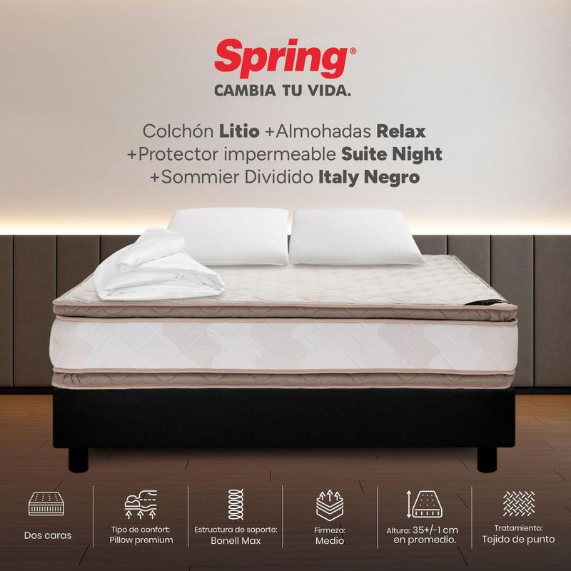COLCHONES SPRING - Colchon con base cama King Firmeza Intermedio Resortes TELURIO 200 cm x Colchón+ Protector + Almohada Colchones Spring