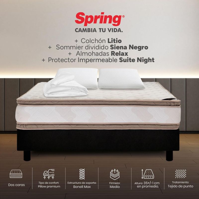 COLCHONES SPRING - Colchon con base cama King Firmeza Intermedio Resortes TELURIO 200 cm x Colchón+ Protector + Almohada Colchones Spring