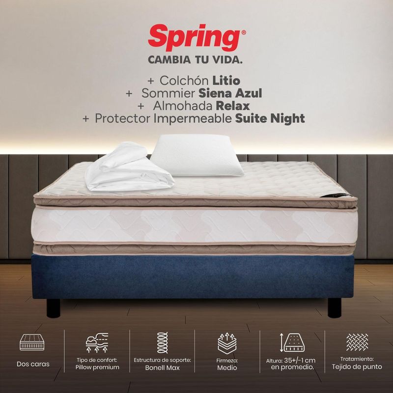 COLCHONES SPRING - Colchon con base cama Sencillo Firmeza Intermedio Resortes LITIO 100 cm x Colchón+ Protector + Almohada Colchones Spring