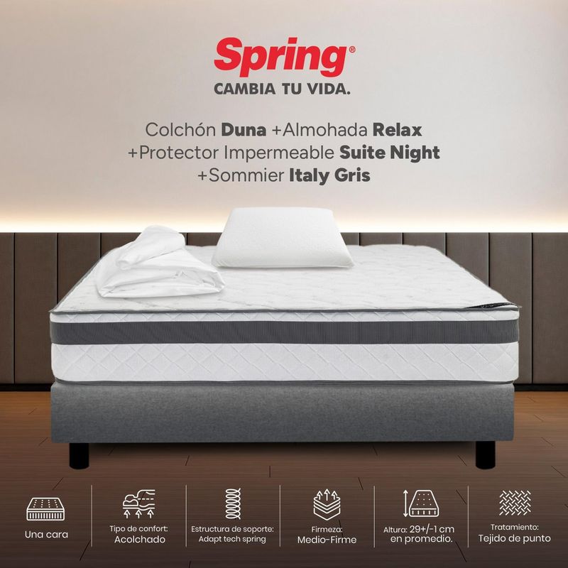 COLCHONES SPRING - Colchón Spring Sencillo Con Base Cama Firmeza Media Ortopédico Resortado Duna 100 x 190 cm + Almohada + Protector