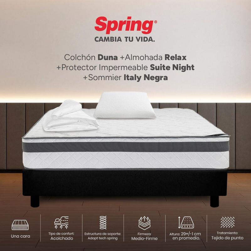 COLCHONES SPRING - Colchon con base cama Semidoble Firmeza Intermedio Resortes DUNA 120 cm x Colchón+ Protector + Almohada Colchones Spring