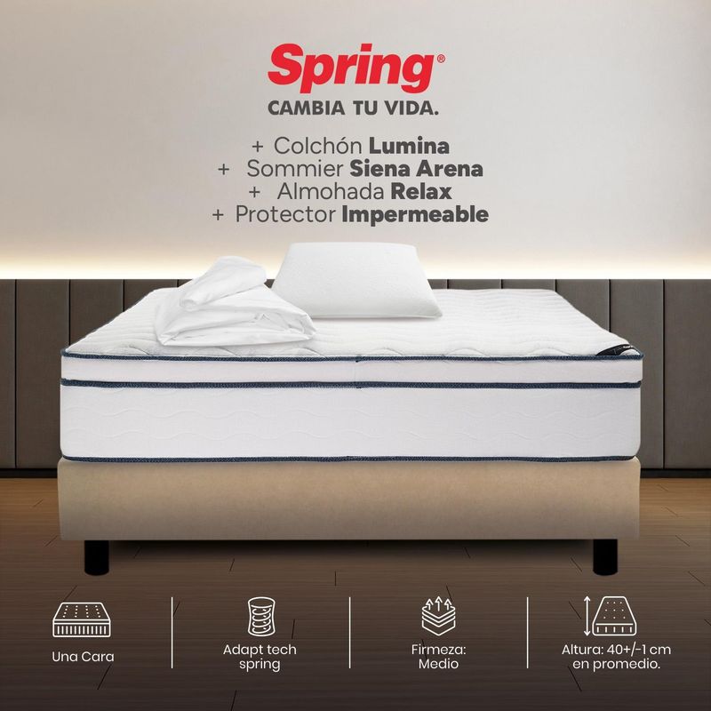 COLCHONES SPRING - Colchón Spring Semidoble Con Base Cama Firmeza Media Ortopédico Resortado Lumina 120 x 190 cm + Almohada + Protector