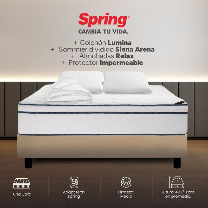 COLCHONES SPRING - Colchon con base cama King Firmeza Intermedio Resortes Pocket LUMINA 200 cm x Colchón+ Protector + Almohada Colchones Spring