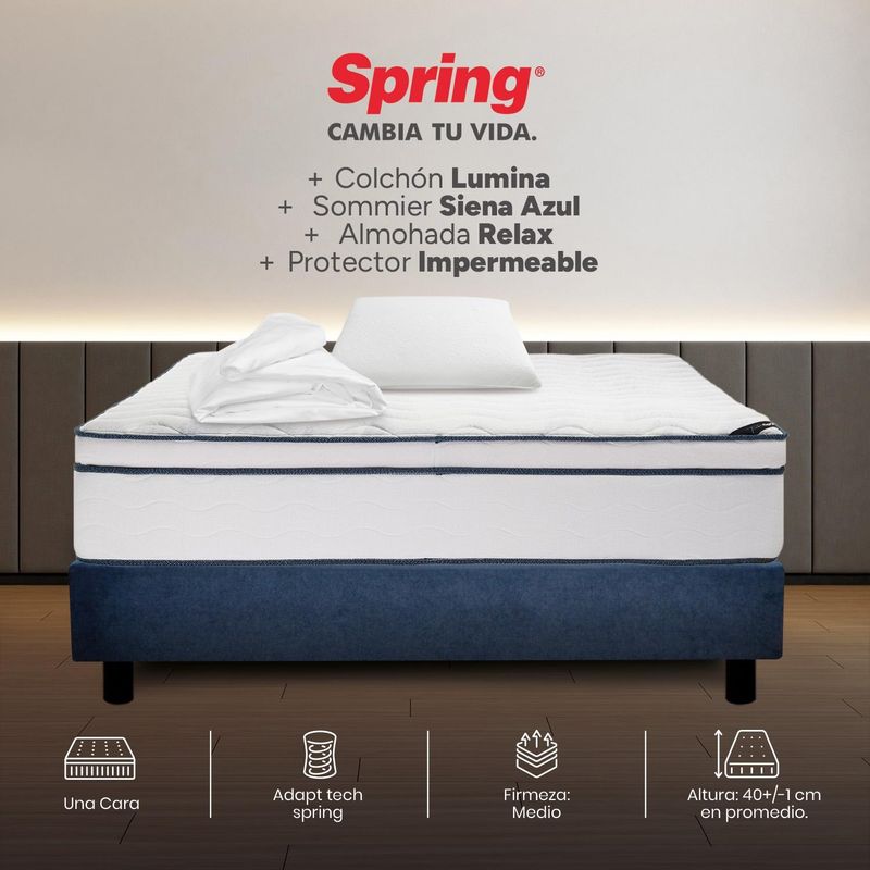 COLCHONES SPRING - Colchon con base cama Sencillo Firmeza Intermedio Resortes Pocket LUMINA 100 cm x Colchón+ Protector + Almohada Colchones Spring