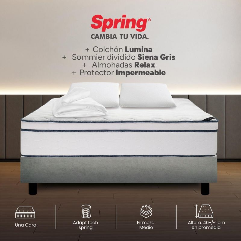COLCHONES SPRING - Colchon con base cama King Firmeza Intermedio Resortes Pocket LUMINA 200 cm x Colchón+ Protector + Almohada Colchones Spring