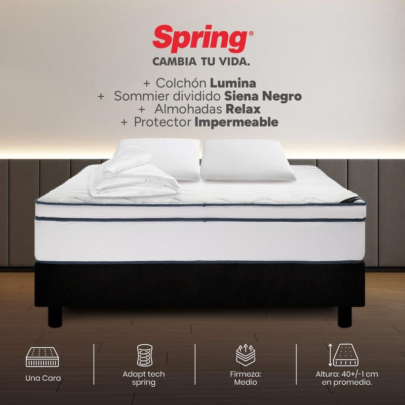 COLCHONES SPRING - Colchon con base cama King Firmeza Intermedio Resortes Pocket LUMINA 200 cm x Colchón+ Protector + Almohada Colchones Spring