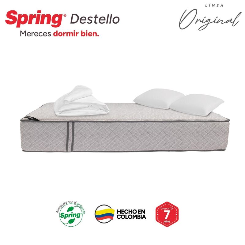 COLCHONES SPRING - Colchón Spring Doble Firme Ortopédico Resortado Destello 140 x 190 cm + 2 Almohadas + Protector