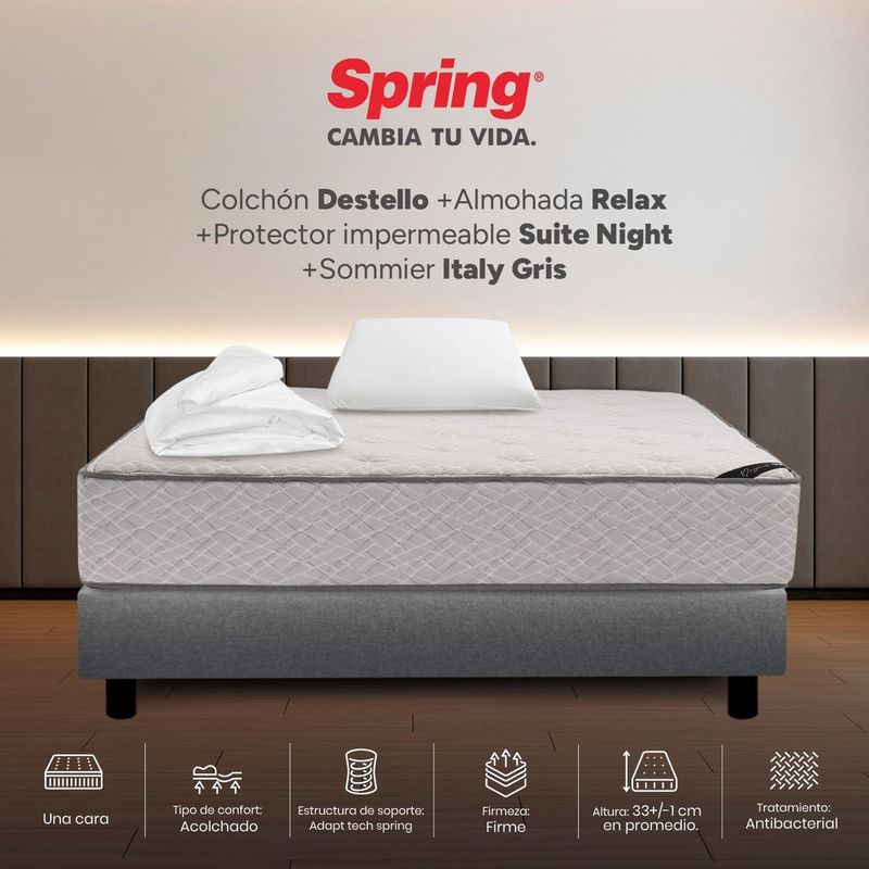COLCHONES SPRING - Colchon con base cama Sencillo Firmeza Firme Resortes Pocket DESTELLO 100 cm x Colchón+ Protector + Almohada Colchones Spring