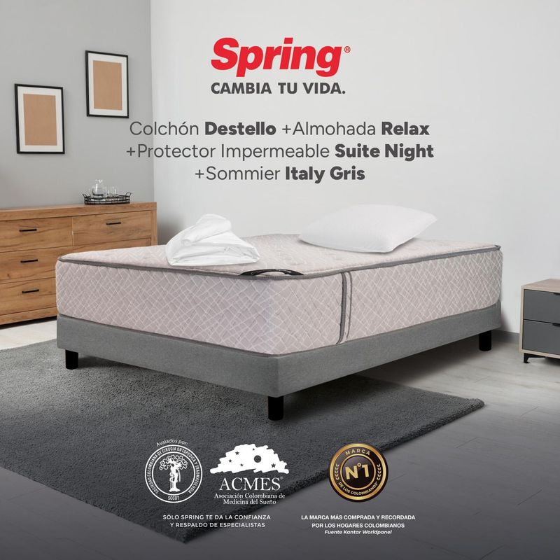 COLCHONES SPRING - Colchon con base cama Semidoble Firmeza Firme Resortes Pocket DESTELLO 120 cm x Colchón+ Protector + Almohada Colchones Spring