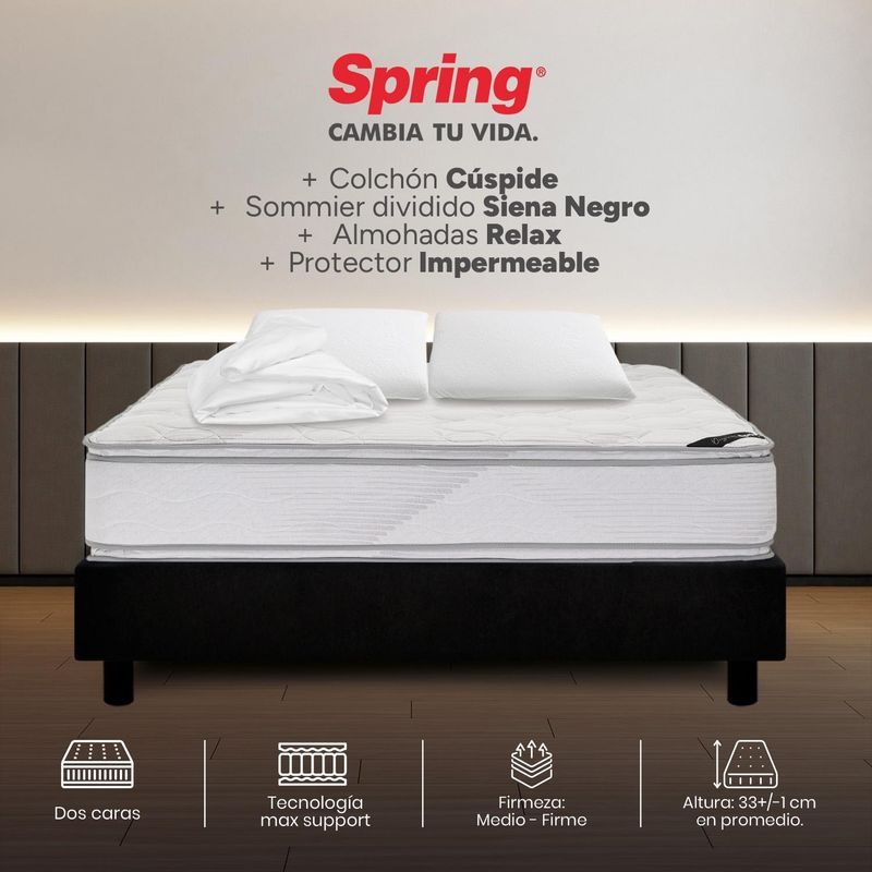 COLCHONES SPRING - Colchón Spring Queen Con Base Cama Firme Espumado Cuspide 160 x 190 cm + 2 Almohadas + Protector