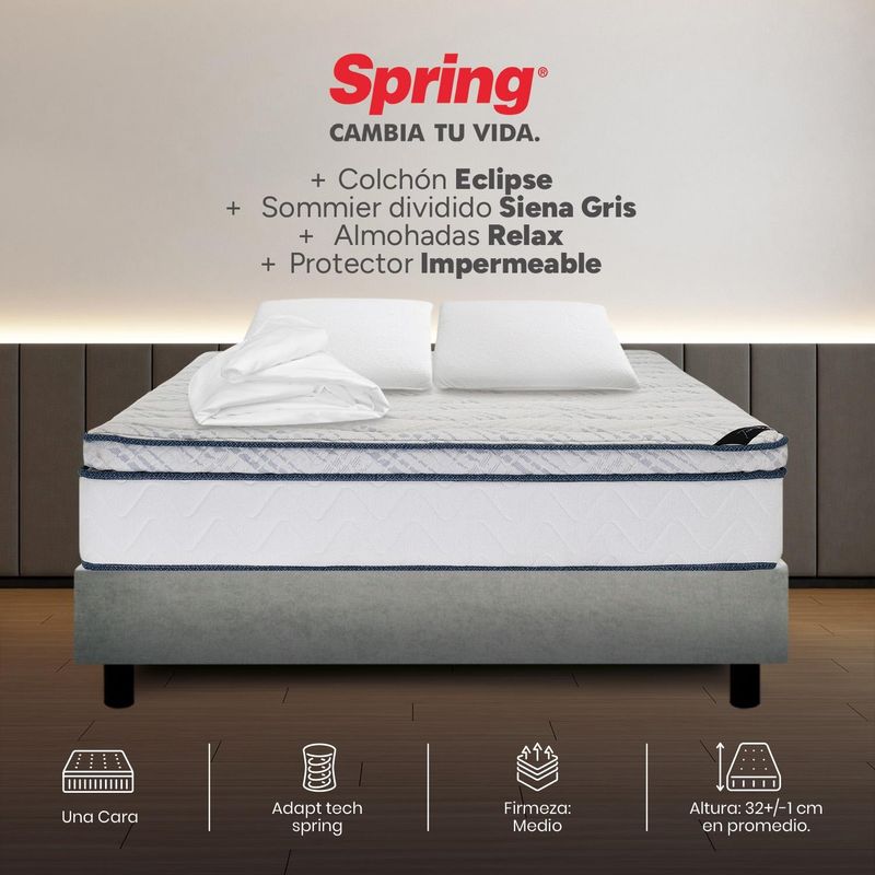 COLCHONES SPRING - Colchón Spring Doble Con Base Cama Firmeza Media Ortopédico Resortado Eclipse 140 x 190 cm + 2 Almohadas + Protector