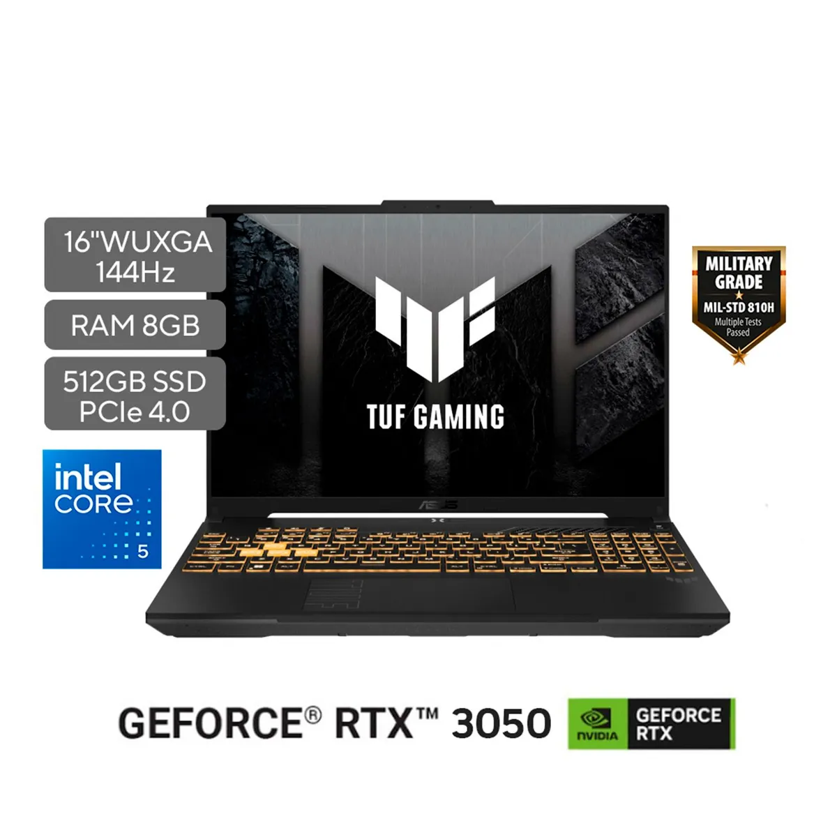 ASUS - Portátil ASUS TUF Gaming F16 | Intel® Core¿ 5 |  GeForce RTX¿ 3050 |DDR4 8GB| 512GB SSD de almacenamiento | Windows 11 |16 Pulgadas |FX607VJ-RL011W |  Computador portátil Gamer