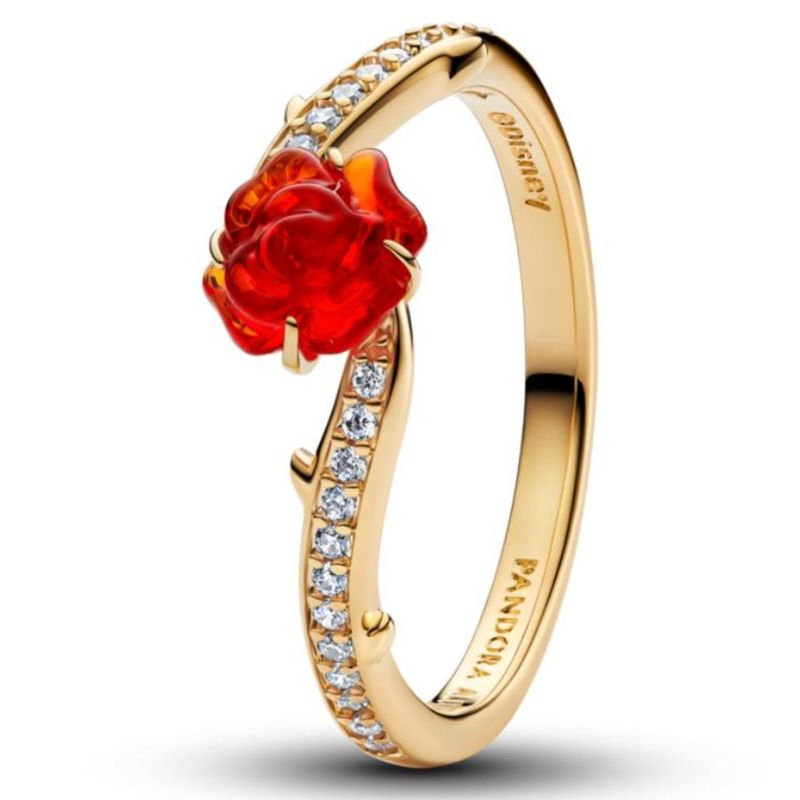PANDORA - Anillo Rosa Encantada De La Bella y La Bestia De Disney Recubrimiento en Oro 14K