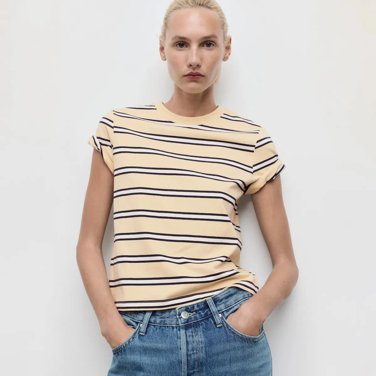 MANGO - Camiseta Mujer de Rayas Manga corta de Algodón MANGO