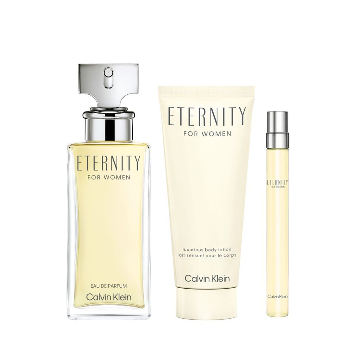 CALVIN KLEIN - Set de Perfume Mujer CALVIN KLEIN Incluye: Eternity 100 ml (3.3oz) Eau de parfum for Women - Eternity 100 ml (3.3oz) Body Lotion for Women - Eternity 10ml (0.33oz) Eau de parfum for Women 